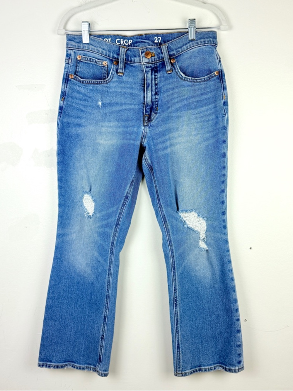 J. Crew Boot Crop Distressed Jeans  27 Medium Wash Raw Hem Frayed Trendy Denim